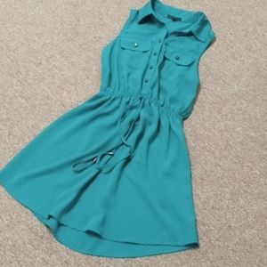 Bebop sleeveless teal shirtwaist dress brass colored hardware